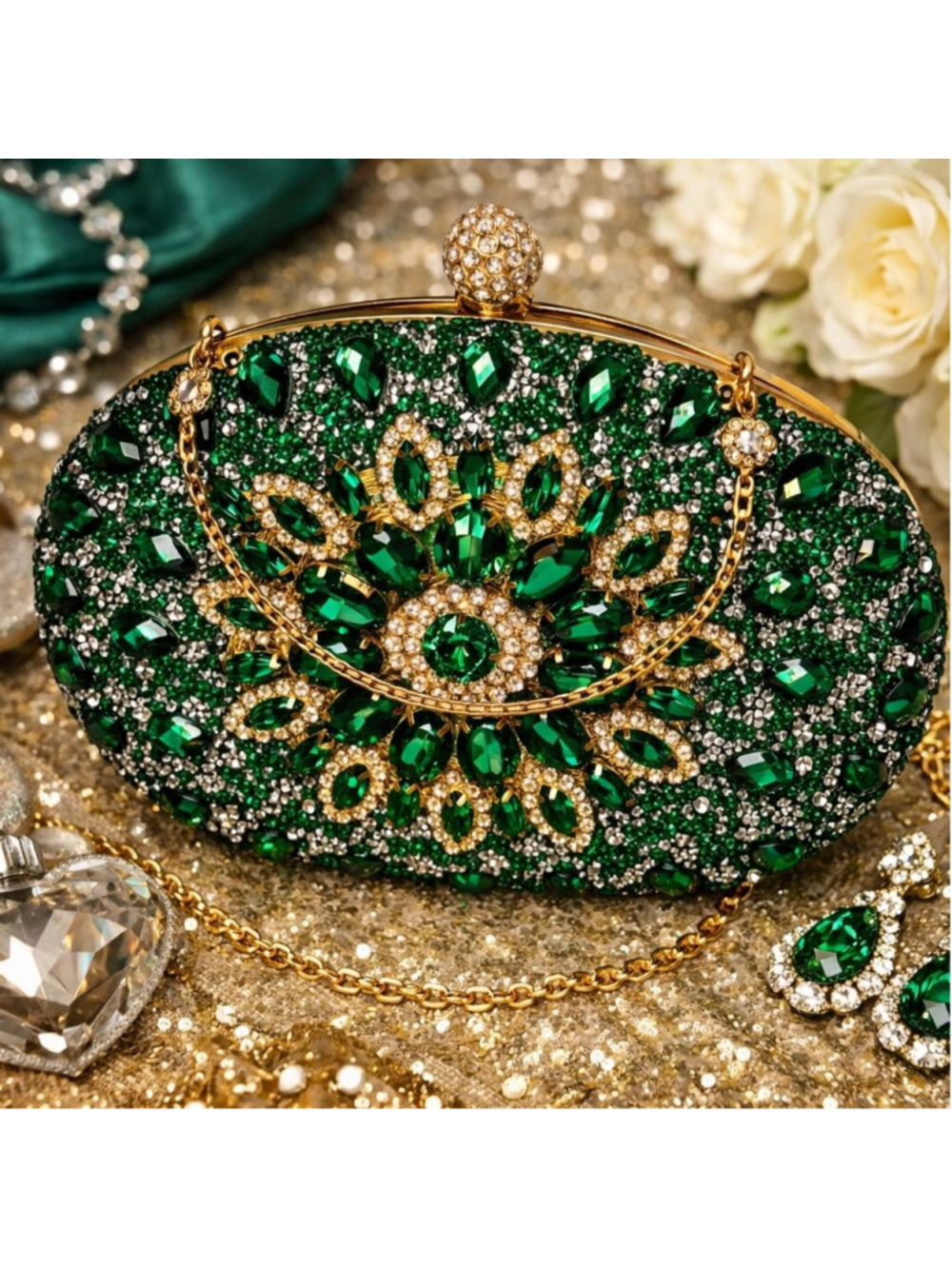 Emerald Green Rhinestone Crystal Evening Clutch | Prom Wedding Formal Bag
